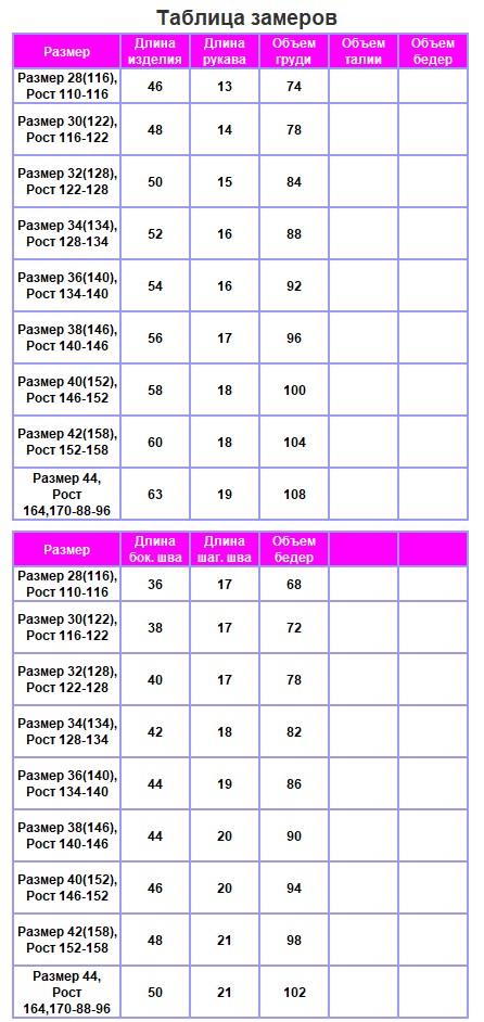 Таблица размеров