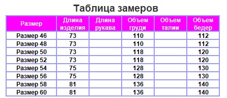 Таблица размеров