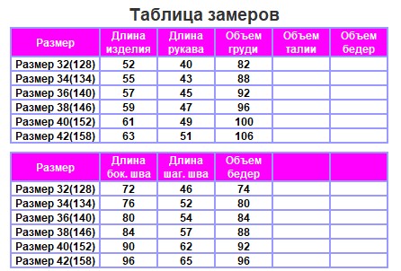 Таблица размеров