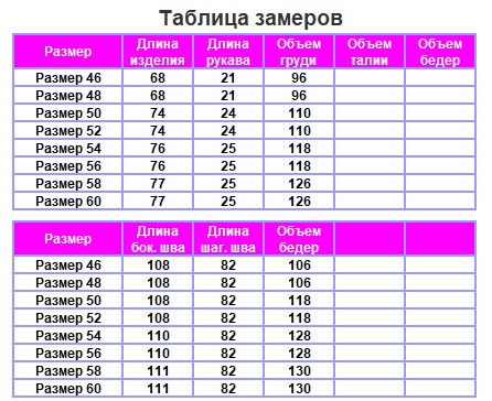 Таблица размеров