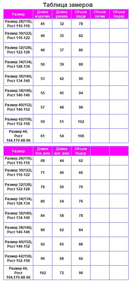 Таблица размеров